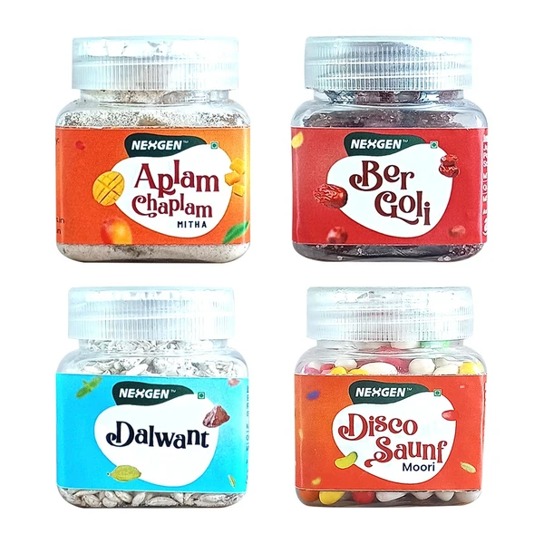 Nexgen Combo Aplam Chaplam (Mitha), Ber Goli, Dalwant , Disco Saunf (Moori) (Small Pack of 4)