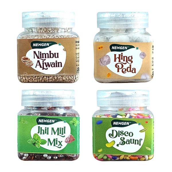 Nexgen Combo Nimbu Ajwain , Hing Peda, Jhil Mill Mix , Disco Saunf (Small Pack of 4)