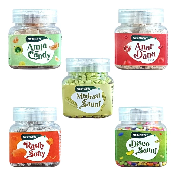 Nexgen Combo Amla Candy, Anardana Goli, Madrasi Saunf, Rasily Softy, Disco Saunf (Small Pack of 5)