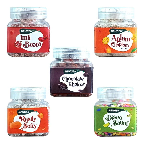 Nexgen Combo Imli Boota, Aplam Chaplam, Chocolate Khajoor, Rasily Softy, Disco Saunf (Small Pack of 5)