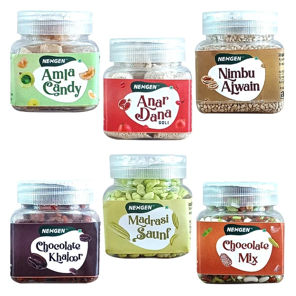 Nexgen Combo Amla Candy, Nimbu Ajwain, Anardana Goli, Chocolate Khajoor, Chocolate Mix, Madrasi Saunf (Small Pack of 6)