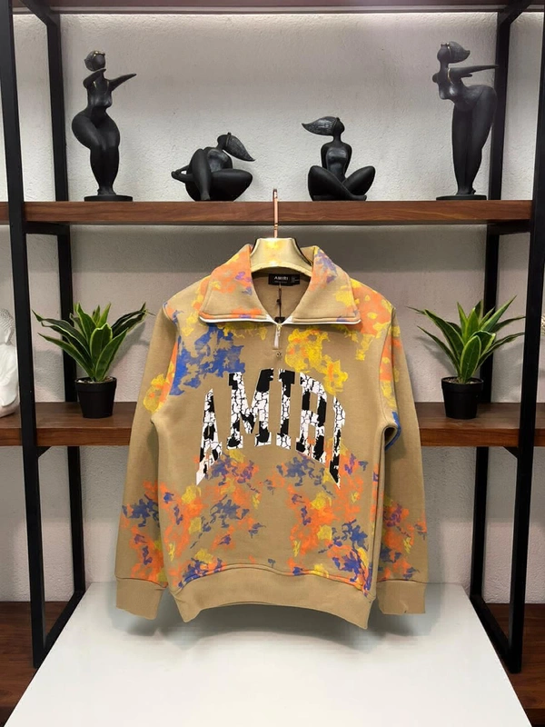 Amiri Branded Full Sleeves Half Zip Collar Sweat Shirt - Gold, Xxl
