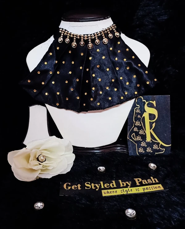 Gold Sarwoski Embellished Short Ruff Fashion collar - Black, Neck L- 8 inch W- 6 inch, WhatsApp Us For Size changes