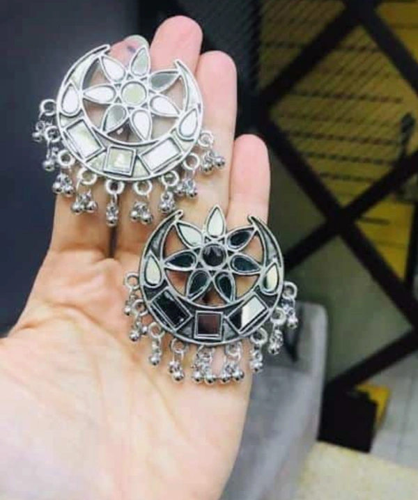 Mirror Embellished Chandballis With Mirror Studded Ring - Mercury, Adjustable Ring, Get A Luxury Scrunchie As Gift