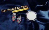 Silver Oxidized Mirror Ring With Multi Coloured Peakcock Earrings - Silver, Adjustmentable Ring, Get A Luxury Scrunchie As Gift!