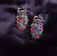 Silver Oxidized Mirror Ring With Multi Coloured Peakcock Earrings - Silver, Adjustmentable Ring, Get A Luxury Scrunchie As Gift!