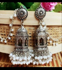 Silver Oxidized Bahubali earrings With Mirror Studded Floral Pattern Ring - Alto, Adjustable Ring, Get A Luxury Scrunchie As Gift!