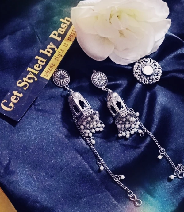 Silver Oxidized Bahubali earrings With Mirror Studded Floral Pattern Ring - Alto, Adjustable Ring, Get A Luxury Scrunchie As Gift!