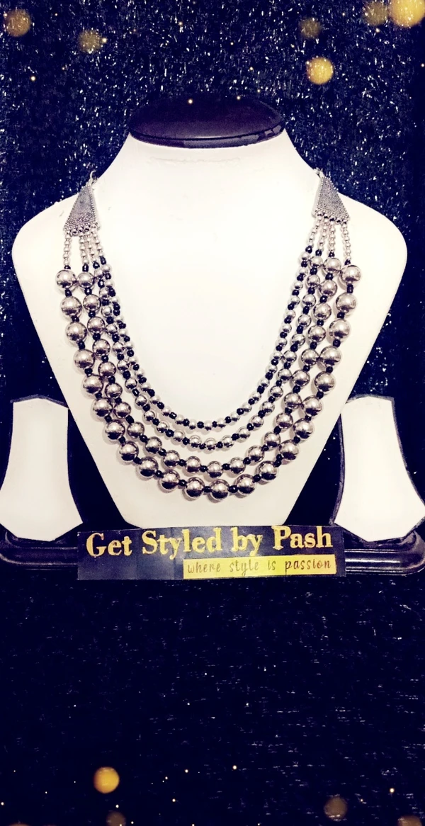 Black And Silver Oxidized Beads Necklace - Silver Chalice, Standard, Get A Luxury Scrunchie As Gift!