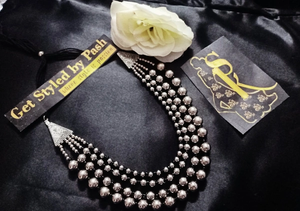 Black And Silver Oxidized Beads Necklace - Silver Chalice, Standard, Get A Luxury Scrunchie As Gift!