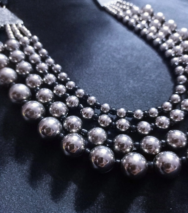 Black And Silver Oxidized Beads Necklace - Silver Chalice, Standard, Get A Luxury Scrunchie As Gift!