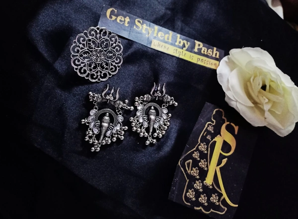 Shiv Motiff Silver Oxidized Traditional Earrings With Floral Patterned Oxidized Ring - Silver, Adjustable Ring, Get Free Luxury Scrunchie Gift!