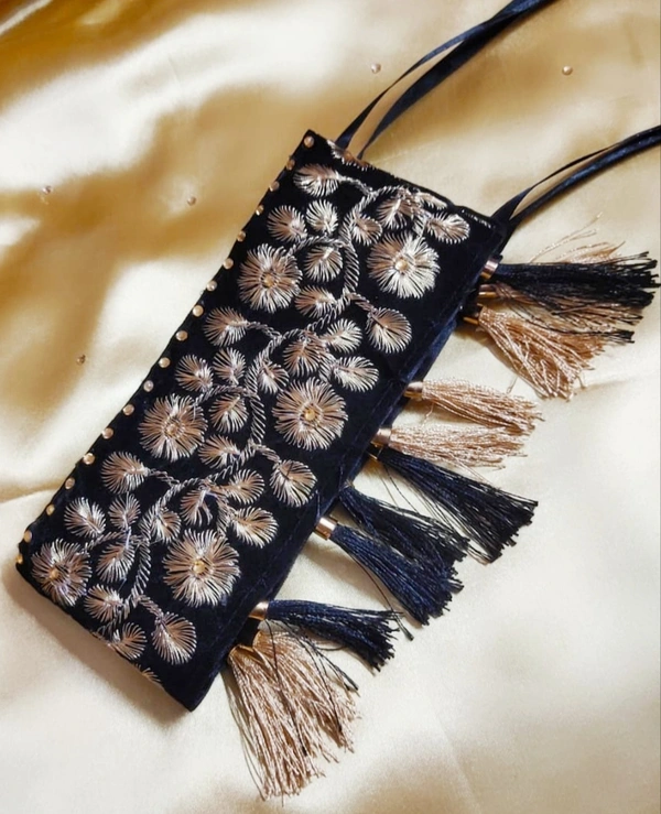 Gold Floral Embroidered Tassels Luxury Belt  - Black, Customized, Dry Clean Only