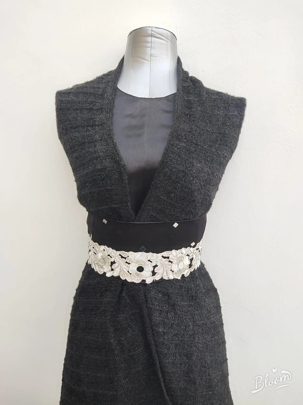 Black Silver Floral Patterned Wide Belt  - Variable, Black, Customized