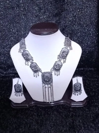 Stunning floral Patterned Long Silver OxidizedNecklace  - Alto, Standard, Get Free Luxury Scrunchie Gift!