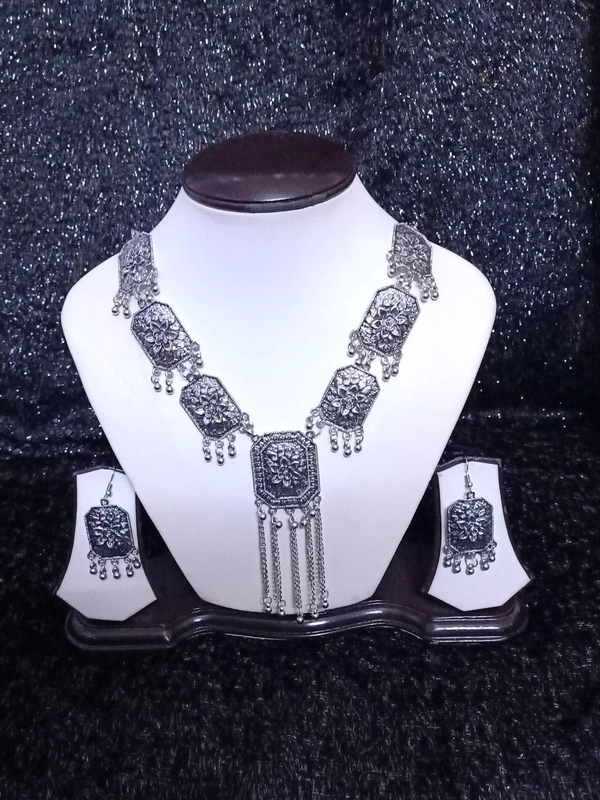 Stunning floral Patterned Long Silver OxidizedNecklace  - Alto, Standard, Get Free Luxury Scrunchie Gift!