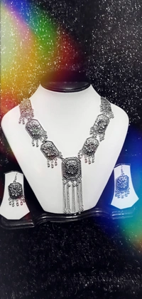 Stunning floral Patterned Long Silver OxidizedNecklace  - Alto, Standard, Get Free Luxury Scrunchie Gift!