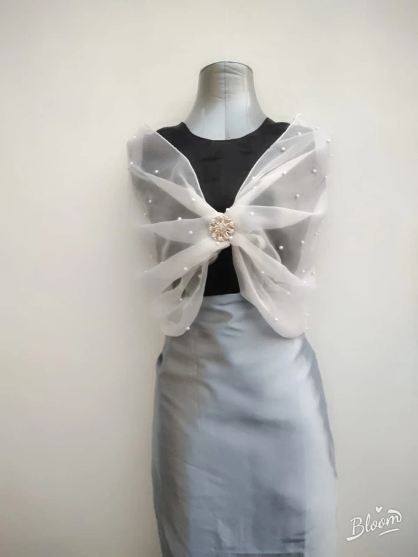 Pearl Adorned Soft Organza Wrap Cape  - White, Dry Clean Only, Get Luxurious Scrunchie Gift!