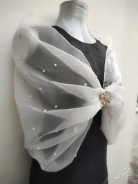 Pearl Adorned Soft Organza Wrap Cape  - White, Dry Clean Only, Get Luxurious Scrunchie Gift!