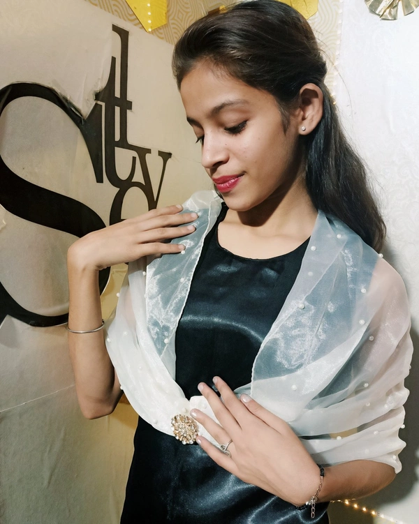 Pearl Adorned Soft Organza Wrap Cape  - White, Dry Clean Only, Get Luxurious Scrunchie Gift!