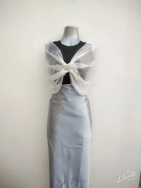 Pearl Adorned Soft Organza Wrap Cape  - White, Dry Clean Only, Get Luxurious Scrunchie Gift!