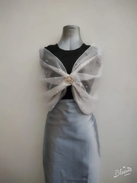 Pearl Adorned Soft Organza Wrap Cape  - White, Dry Clean Only, Get Luxurious Scrunchie Gift!