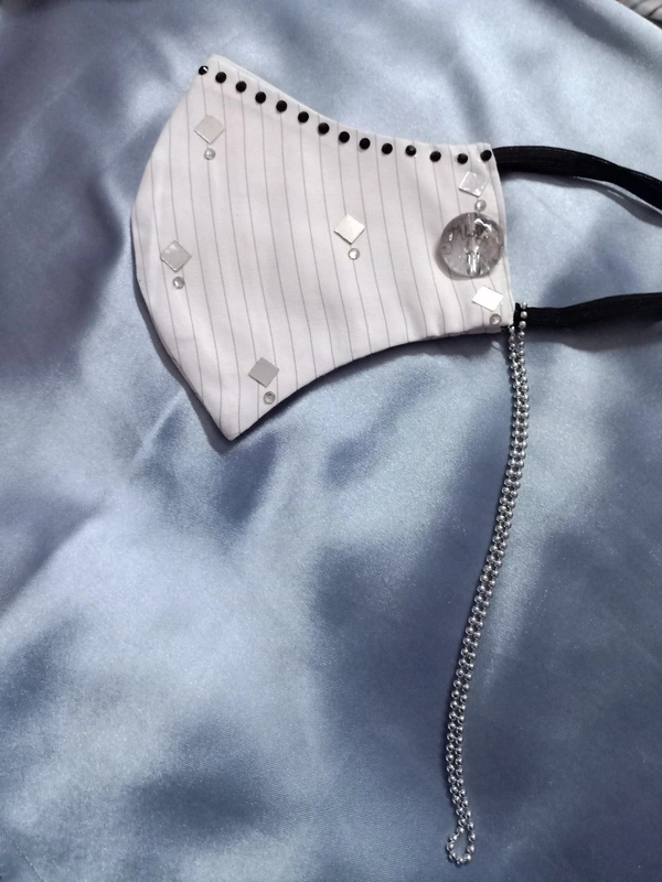 Spk White Stone Studded Asymmetrical mask  - Dry Clean Only, White, Get A Free Luxury Scrunchie Gift