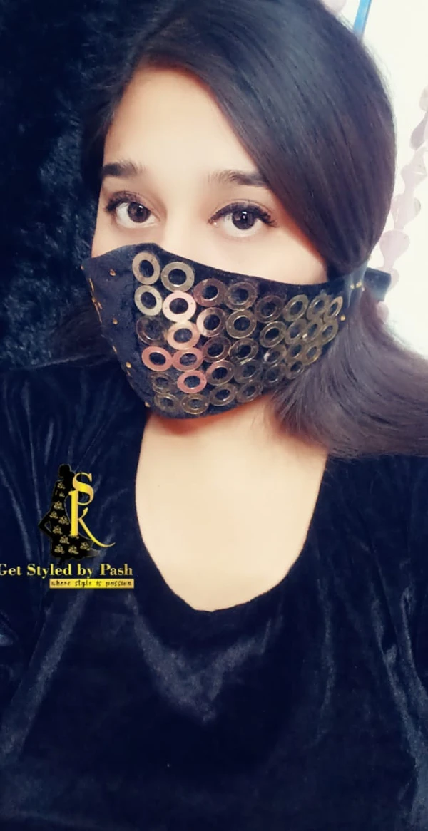 Spk Gold disc Embroidered Fashion luxury Mask - Dry clean Only, Black, Get Free Luxury Scrunchie Gift!