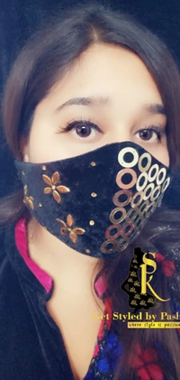 Spk Gold disc Embroidered Fashion luxury Mask - Dry clean Only, Black, Get Free Luxury Scrunchie Gift!
