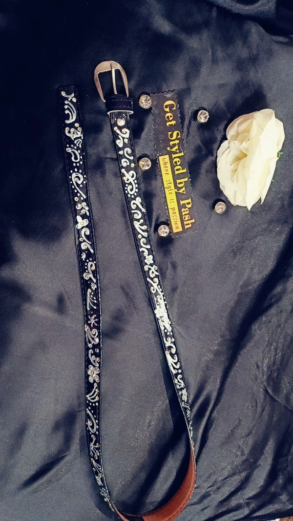 SPK Luxury Statement Silver Liquid Embroidered Vintage belt - Black, Waist : 38"-40"  Width- 0.75", Silver Liquid Embroidery