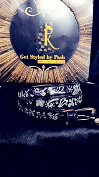 SPK Luxury Statement Silver Liquid Embroidered Vintage belt - Black, Waist : 38"-40"  Width- 0.75", Silver Liquid Embroidery