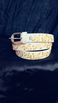 White Gold Liquid Embroidered Antique luxury slim Belt  - White, Get Free Luxury Scrunchie Gift!, waist - 38"- 40" width-  "0.75"