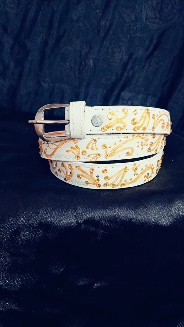 White Gold Liquid Embroidered Antique luxury slim Belt  - White, Get Free Luxury Scrunchie Gift!, waist - 38"- 40" width-  "0.75"