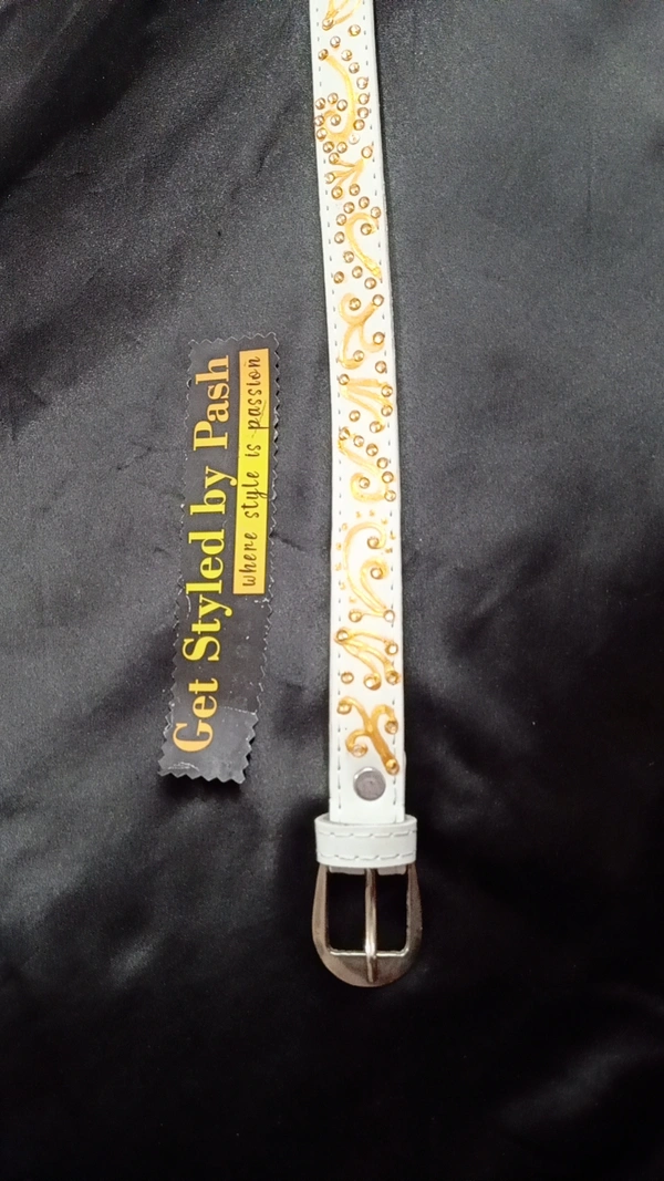 White Gold Liquid Embroidered Antique luxury slim Belt  - White, Get Free Luxury Scrunchie Gift!, waist - 38"- 40" width-  "0.75"