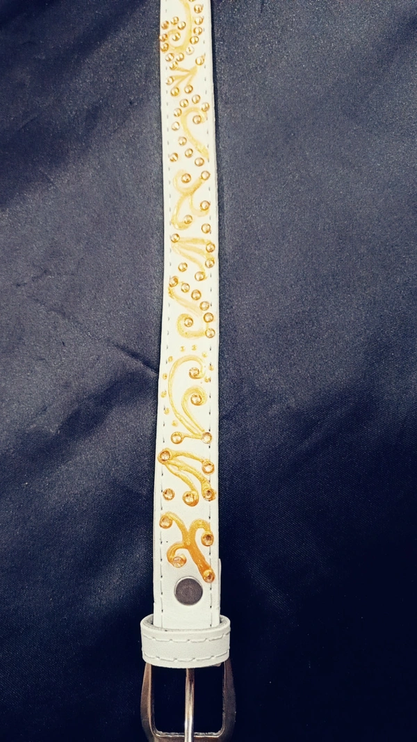 White Gold Liquid Embroidered Antique luxury slim Belt  - White, Get Free Luxury Scrunchie Gift!, waist - 38"- 40" width-  "0.75"