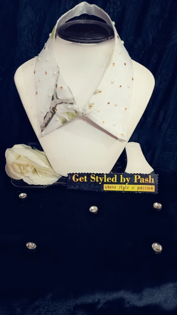 White Printed Organza Pearl adorned Fashion Luxury Collar  - No Wash N Dry Clean, White, Get Luxury Scrunchie Free!