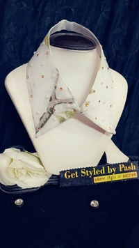 White Printed Organza Pearl adorned Fashion Luxury Collar  - No Wash N Dry Clean, White, Get Luxury Scrunchie Free!