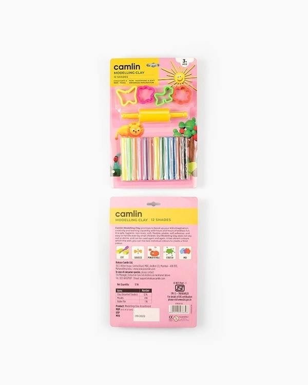 Camlin  Modelling  Clay  Assorted  pack  of  12  shade  in  200  g  with  Roller  Pin  and  Moulds 