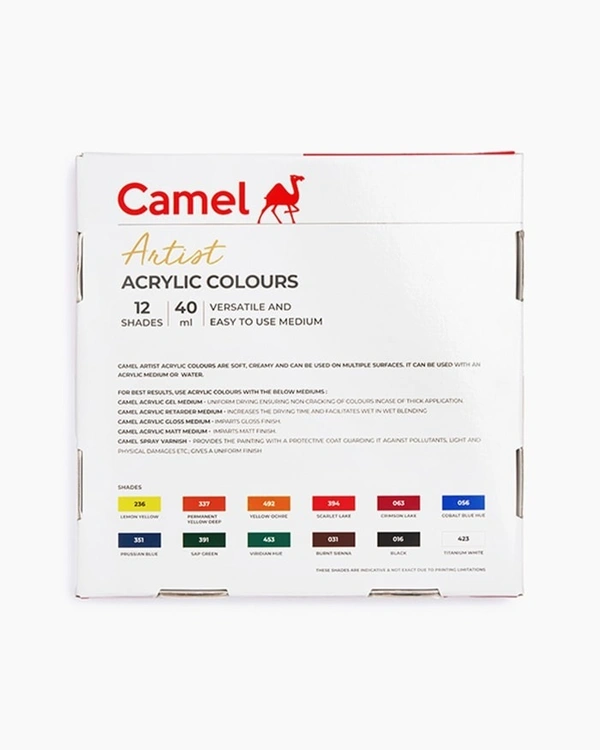 Camel  Artist  Acrylic  Colours  Assorted  pack  of  12  shades  in  40  ml  with  Mediums