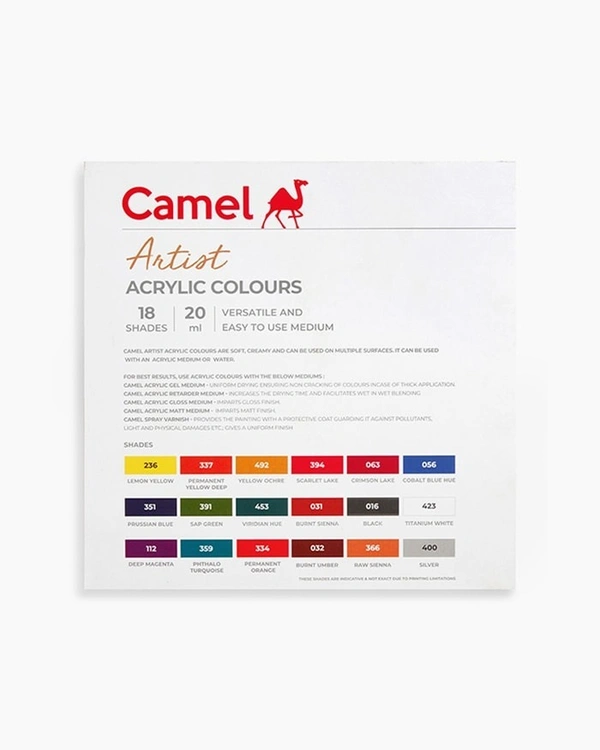 Camel  Artist  Acrylic  Colours  Assorted  pack  of  18  shades  in  20  ml