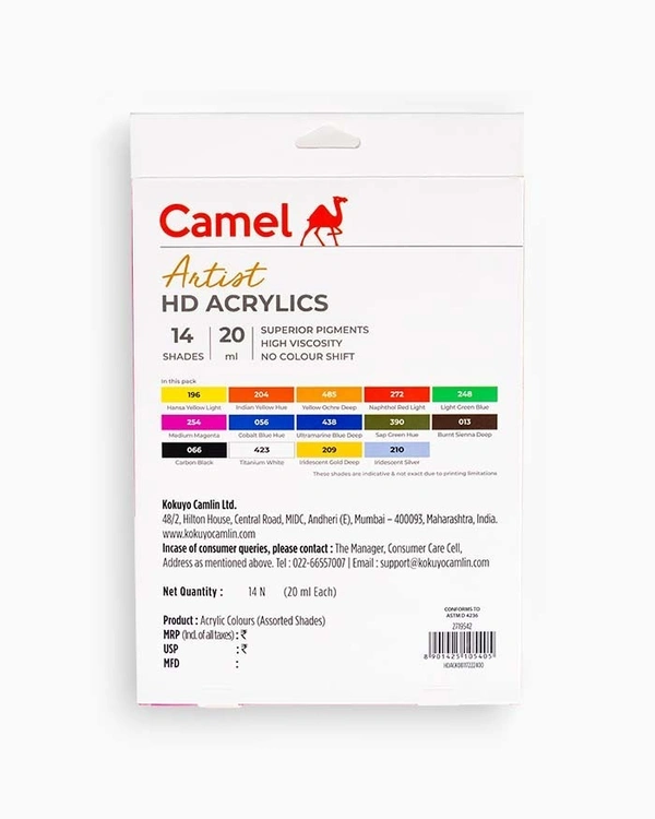 Camel  Artist  HD  Acrylics  Assorted  pack  of  14  shades 