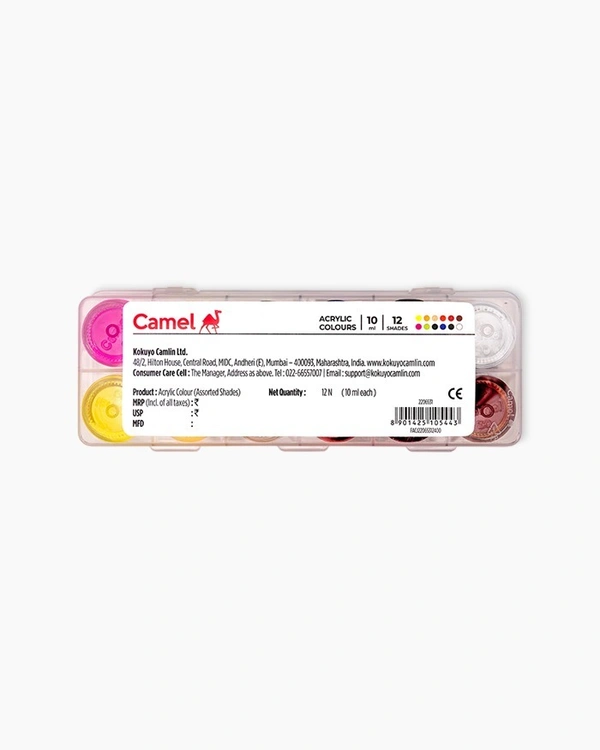 Camel  Acrylic  Colours  Assorted  pack  of  12  shades  in  10  ml 