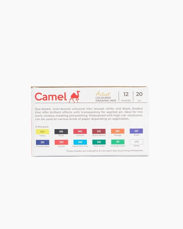 Camel  Coloured  Drawing  Inks  Assorted  pack  of  12  shades  in  20  ml 