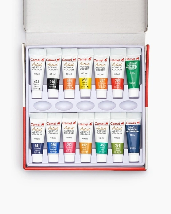 Camel  Artist  Acrylic  Colours  Assorted  pack  of  12  shades  in  40  ml  with  Mediums