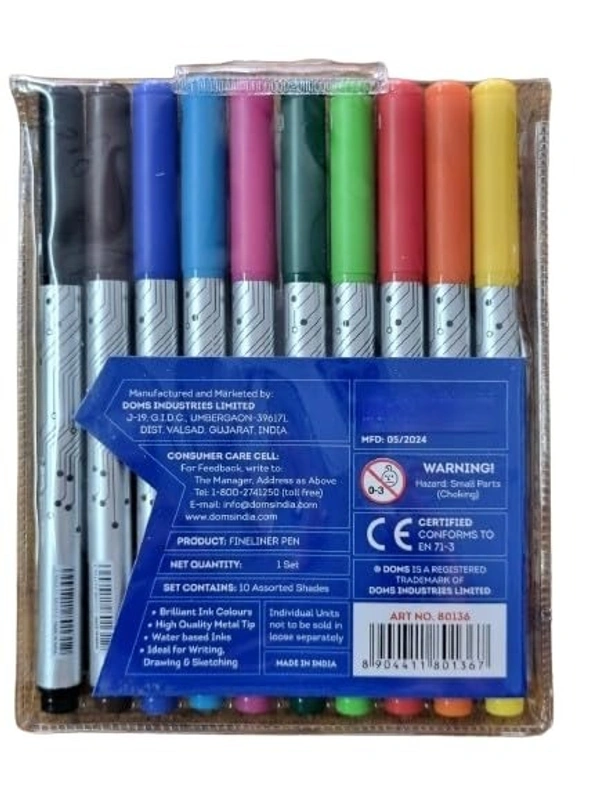 Doms F9 Liner Set of 10 Assorted Shades| 0.5 mm Unique Push Resistant Metal Tip| Water Based Ink| Ideal For Writing, Drawing & Sketching