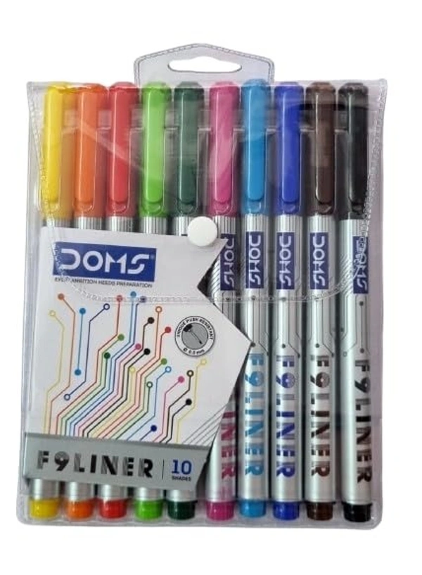 Doms F9 Liner Set of 10 Assorted Shades| 0.5 mm Unique Push Resistant Metal Tip| Water Based Ink| Ideal For Writing, Drawing & Sketching