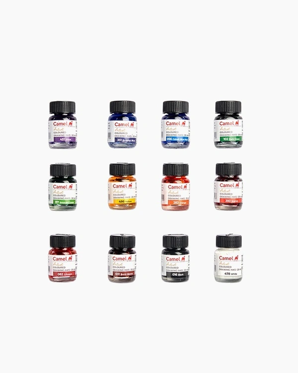 Camel  Coloured  Drawing  Inks  Assorted  pack  of  12  shades  in  20  ml 