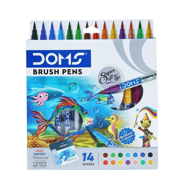  DOMS 14 Shades Brush Pen Box Pack | Super Soft Tip With Brilliant Colors | Water Based Ink Which Gives Water Color Effect | Pack Of 1, Multicolor