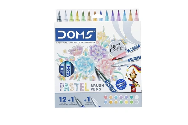 Doms Super Soft Tip Pastel Shades Brush Pen Set | 12 Pastel Shades + 1 Silver Shade + 1 Blender | Ideal for Doodling, Illustrations, Calligraphy, Artists,...