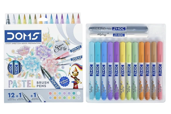 Doms Super Soft Tip Pastel Shades Brush Pen Set | 12 Pastel Shades + 1 Silver Shade + 1 Blender | Ideal for Doodling, Illustrations, Calligraphy, Artists,...